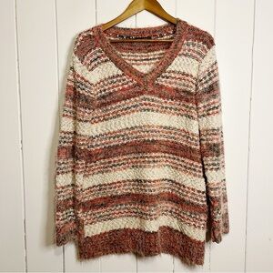 QED London Multicoloured Striped Fuzzy Y2K Knit V-Neck Sweater. Size Large.